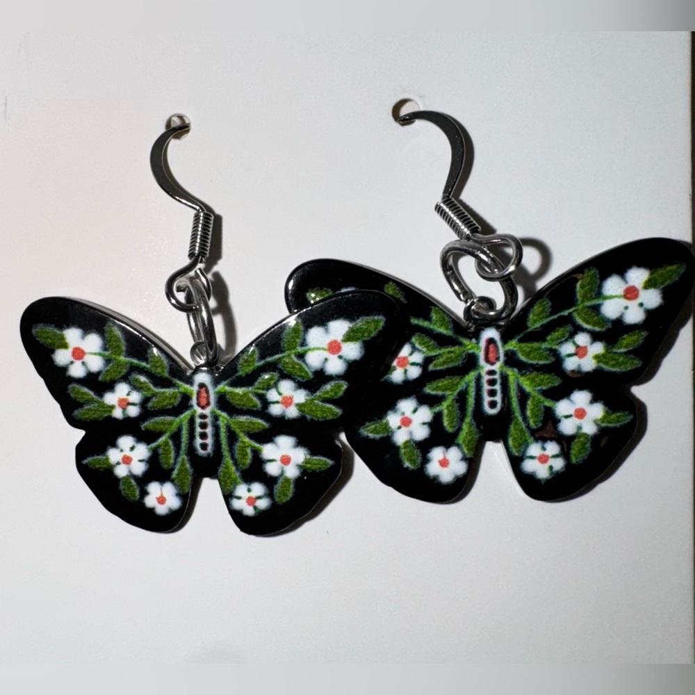 Handmade Black Butterly Earrings on Silver Hooks